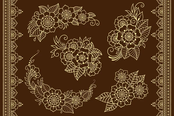 ヘンディの花柄とヘナの描画と入れ墨のためのシームレスな境界線のセット エスニックオリエンタル インドスタイルの装飾 落書きの装飾品 アウトラインハンドドローベクトルイラスト — ストックベクタ