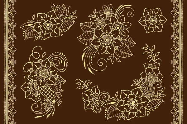 Ensemble Motif Fleurs Mehndi Bordure Transparente Pour Dessin Tatouage Henné — Image vectorielle