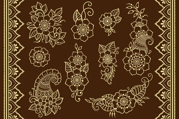Sada Mehndiho Květinové Masky Bezešvé Hranice Pro Kreslení Tetování Henna — Stockový vektor
