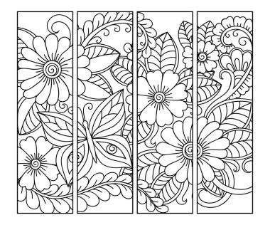 Kitap boyama için yer imi. Çiçek desenli siyah beyaz etiketler, mehndi tarzında el çizimi. Çocukların ve yetişkinlerin renkli kalemlerle yaratıcılığını gösteren süslemelerin çizimi.