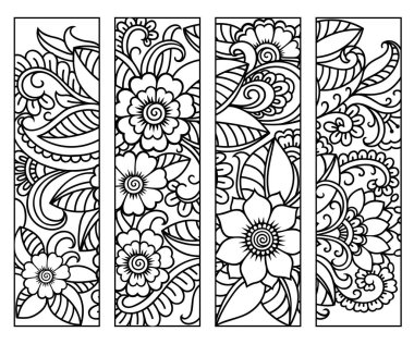 Kitap boyama için yer imi. Çiçek desenli siyah beyaz etiketler, mehndi tarzında el çizimi. Çocukların ve yetişkinlerin renkli kalemlerle yaratıcılığını gösteren süslemelerin çizimi.