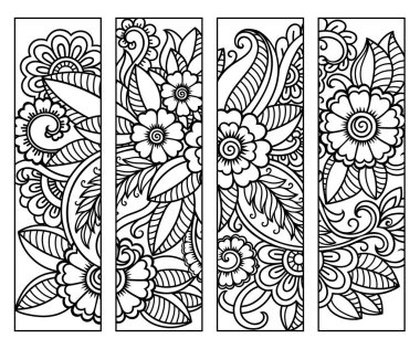 Kitap boyama için yer imi. Çiçek desenli siyah beyaz etiketler, mehndi tarzında el çizimi. Çocukların ve yetişkinlerin renkli kalemlerle yaratıcılığını gösteren süslemelerin çizimi.