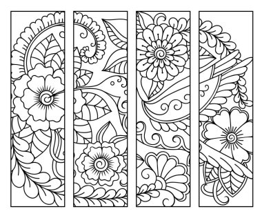 Kitap boyama için yer imi. Çiçek desenli siyah beyaz etiketler, mehndi tarzında el çizimi. Çocukların ve yetişkinlerin renkli kalemlerle yaratıcılığını gösteren süslemelerin çizimi.