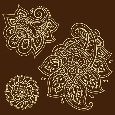 Kına çizimi ve dövme için Mehndi çiçek desenli bir set. Etnik doğuya özgü dekorasyon, Hint tarzı. Karalama süsü. El çizimi vektör illüstrasyonu.