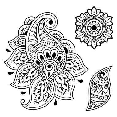 Kına çizimi ve dövme için Mehndi çiçek desenli bir set. Etnik doğuya özgü dekorasyon, Hint tarzı. Karalama süsü. El çizimi vektör illüstrasyonu.