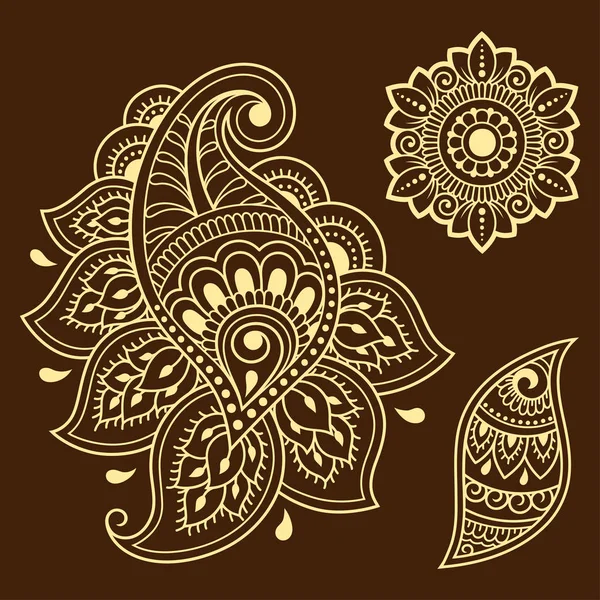 Set Motivo Floreale Mehndi Disegno Tatuaggio Henna Decorazione Stile Etnico — Vettoriale Stock
