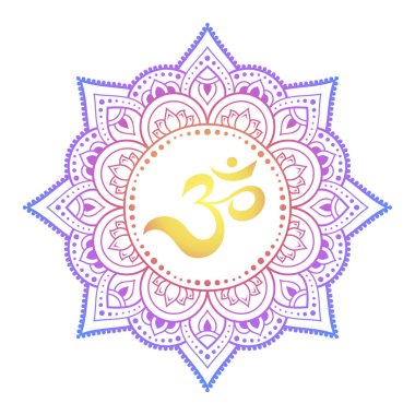 Henna, Mehndi için eski Hindu mantra OM ve nilüfer çiçeği desenli renkli dairesel desen, dekorasyon. Doğu tarzında dekoratif süsler. Beyaz arkaplanda gökkuşağı tasarımı.