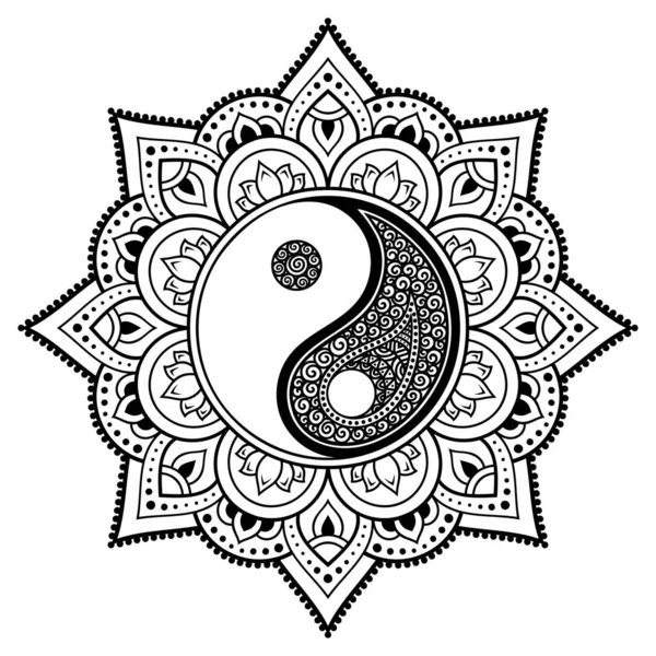 Henna, Mehndi, dövme, dekorasyon için mandala şeklinde dairesel desen. Etnik doğu tarzında dekoratif süsleme ve Yin-yang el çizimi sembolü. Çizgi karalama vektörü çizimi.