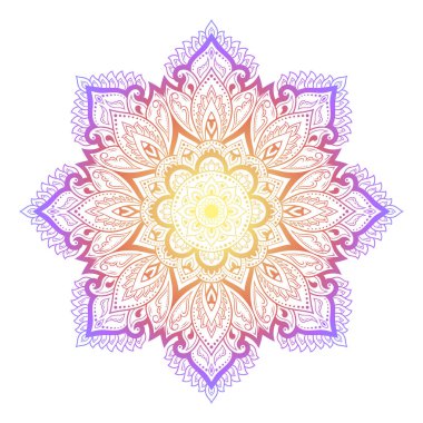 Renkli dairesel desen, mandala şeklinde, çiçek desenli, desenli. Etnik doğu tarzında dekoratif süs. Beyaz arkaplanda gökkuşağı tasarımı.