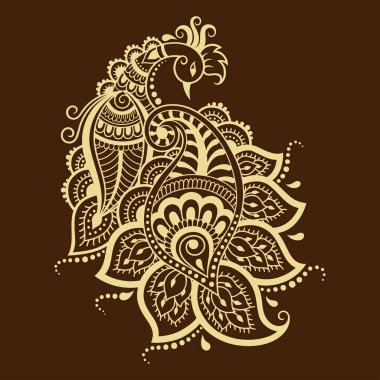 Kına çizimi ve dövme için tavus kuşu desenli Mehndi çiçeği deseni. Etnik doğuya özgü dekorasyon, Hint tarzı. Karalama süsü. El çizimi vektör illüstrasyonu.