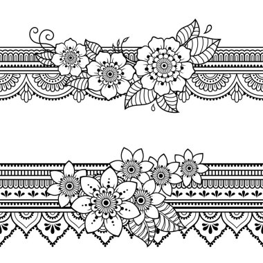 Kına çizim ve dövme için Mehndi çiçek ile dikişsiz sınır desen seti. Etnik oryantal, Hint tarzı dekorasyon. Doodle süsü. Anahat el çizimvektör illüstrasyon.