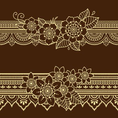 Kına çizim ve dövme için Mehndi çiçek ile dikişsiz sınır desen seti. Etnik oryantal, Hint tarzı dekorasyon. Doodle süsü. Anahat el çizimvektör illüstrasyon.