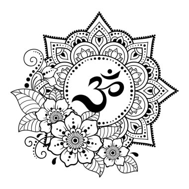 Henna, Mehndi, dövme, dekorasyon için Mandala şeklinde dairesel desen. Antik Hindu mantra OM ile oryantal tarzda Dekoratif süsleme. Anahat Doodle vektör illüstrasyon.