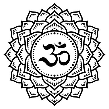 Henna, Mehndi, dövme, dekorasyon için Mandala şeklinde dairesel desen. Antik Hindu mantra OM ile oryantal tarzda Dekoratif süsleme. Anahat Doodle vektör illüstrasyon.