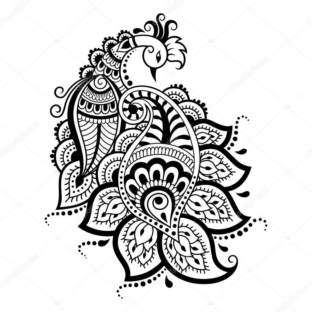 Mehndi flower pattern with peacock for Henna drawing and tattoo. Decoration in ethnic oriental, Indian style. Doodle ornament. Outline hand draw vector illustration.