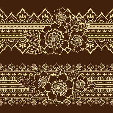 Kına çizim ve dövme için Mehndi çiçek ile dikişsiz sınır desen seti. Etnik oryantal, Hint tarzı dekorasyon. Doodle süsü. Anahat el çizimvektör illüstrasyon.