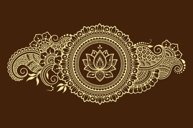 Henna, Mehndi, dövme ve süsleme için nilüfer çiçeği içeren dairesel desen. Etnik doğu tarzında dekoratif süs. Çizim el çizimi vektör illüstrasyonuName.