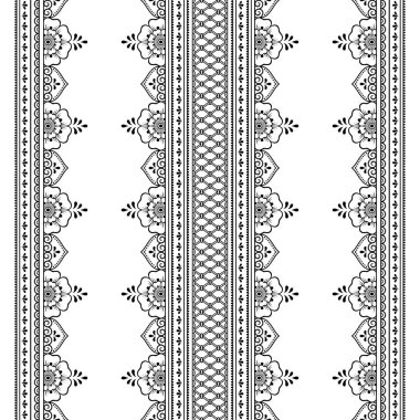 Mehndi, Kına çizimve dövme için dikişsiz sınır desen. Etnik oryantal, Hint tarzı dekorasyon. Doodle süsü. Anahat el çizimvektör illüstrasyon.