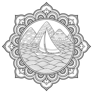 Siyah beyaz karalama deseni. Manzara - dağlar, nehirler, tepeler, deniz, tekne, yat, kıyı, yelken, dalga, okyanus - çocuklar için boyama kitabı. Mandala şeklinde dairesel süs.