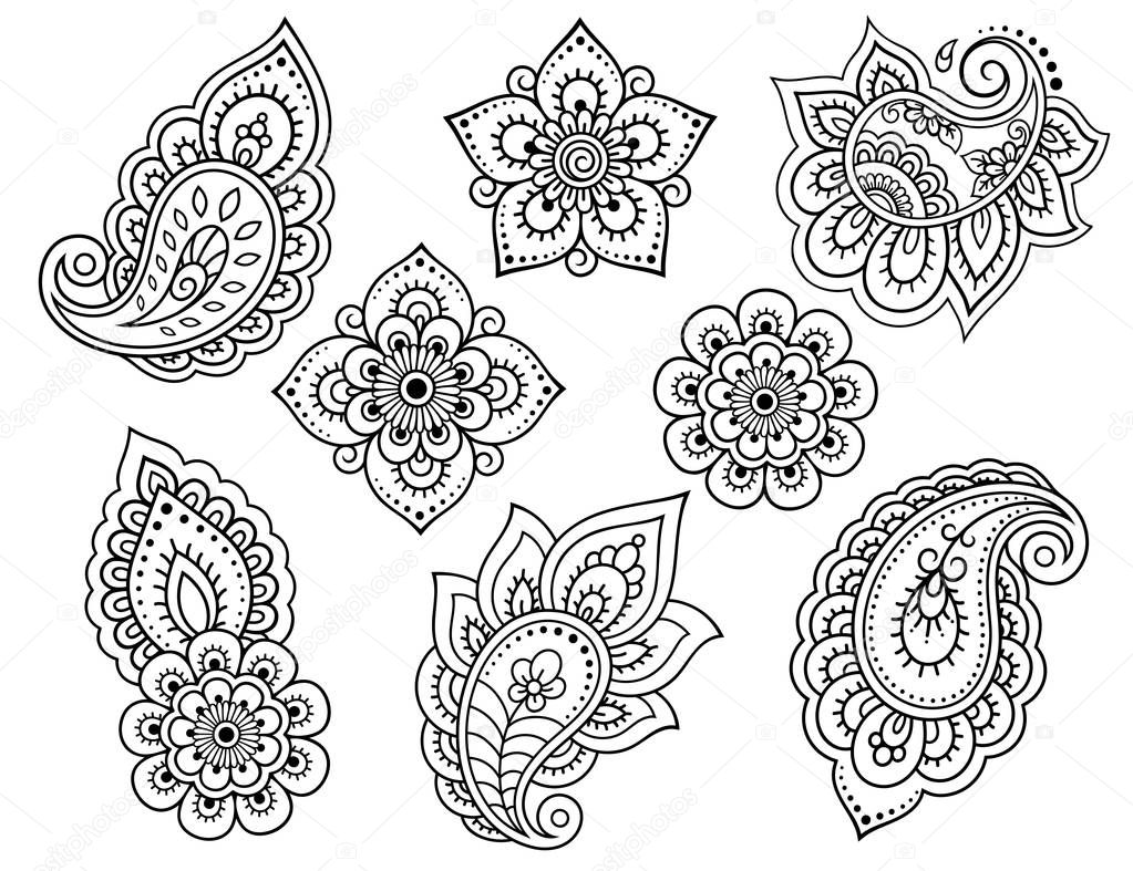 Set of Mehndi flower pattern for Henna drawing and tattoo. Decoration in ethnic oriental, Indian style. Doodle ornament. Outline hand draw vector illustration.