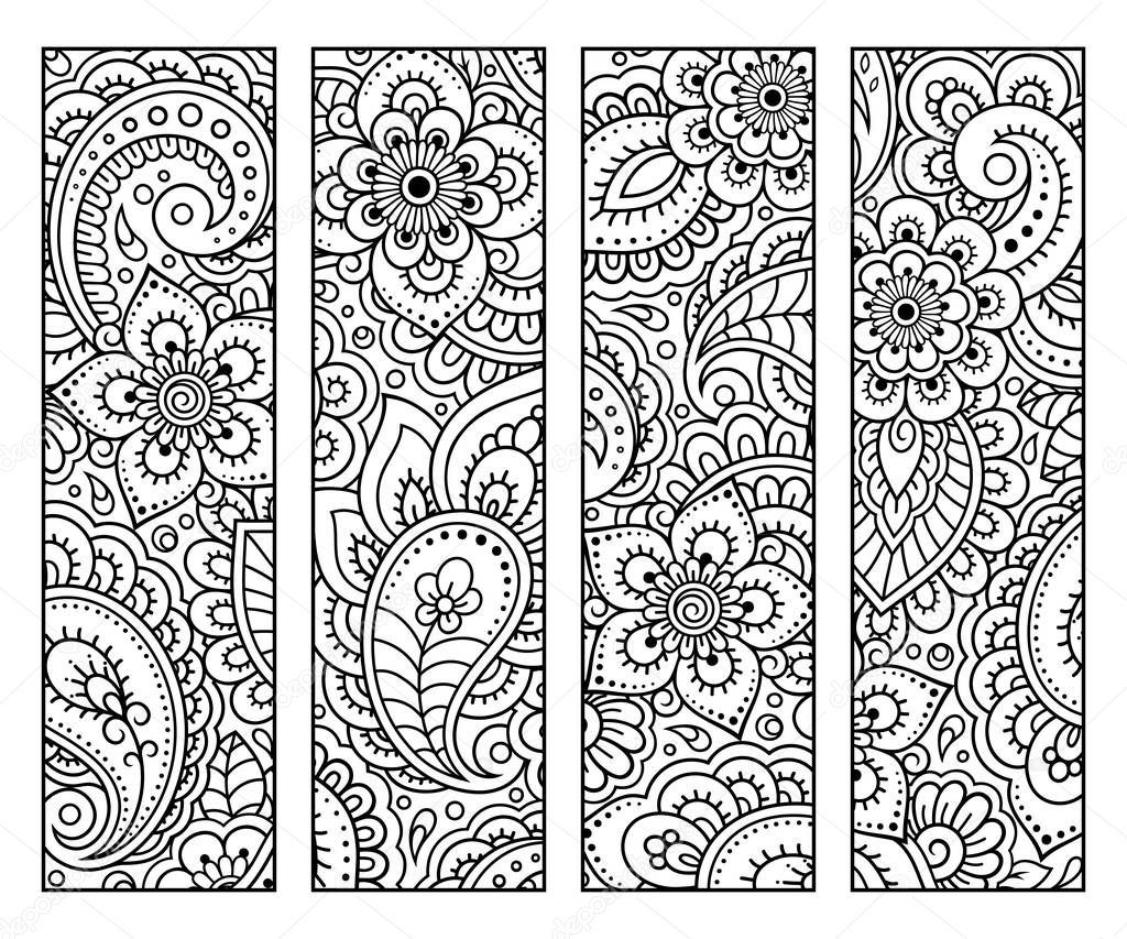 Bookmark for book - coloring. Set of black and white labels with floral doodle patterns, hand draw in mehndi style. Sketch of ornaments for creativity of children and adults with colored pencils.