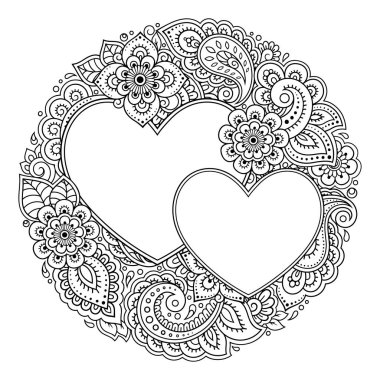Mehndi tarzında kalp forn çiçek desenli yuvarlak dekoratif çerçeve. Antistress boyama kitap sayfası. Siyah beyaz doodle süs. Anahat el çizimvektör illüstrasyon.