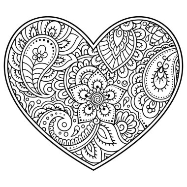 Kına çizimi ve dövme için kalp şeklinde Mehndi çiçek deseni. Etnik doğuya özgü dekorasyon, Hint tarzı. Sevgililer Günü selamları. Boyama kitabı sayfası.