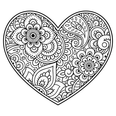 Kına çizimi ve dövme için kalp şeklinde Mehndi çiçek deseni. Etnik doğuya özgü dekorasyon, Hint tarzı. Sevgililer Günü selamları. Boyama kitabı sayfası.