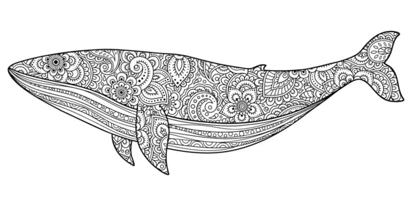 Balina bir deniz memelisi Doğu süsleri ile bir çiçek desen yaptı. Doodle tarzında elle çizilmiş dekoratif hayvan. Dövmeler, pullar, kapaklar, kitaplar ve boyama için mehndi stilize dekorasyon.