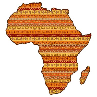 Afrika ve Madagaskar Haritası etnik Afrika tarzında parlak bir desen ile dolu. Tasarım dekorasyon ve iç tasarım, sanat ve baskılar için Kabile renkli desenler.