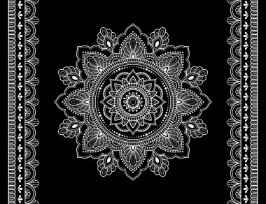 Mandala desenleri ve kına çizimi ve dövme için kusursuz bir sınır. Hint usulü etnik doğulu mehndi dekorasyonu. Siyah beyaz karalama süsü. El çizimi vektör illüstrasyonu.