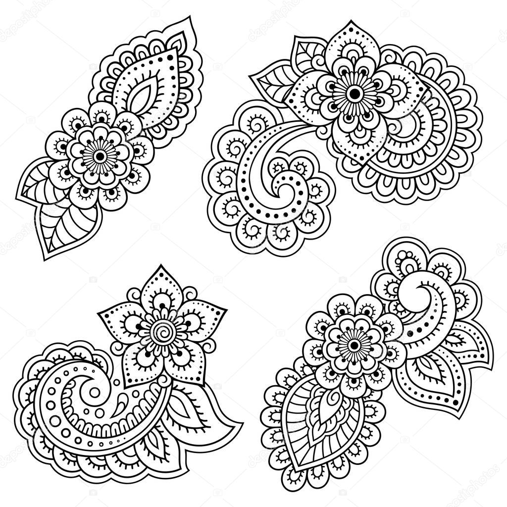 Set of Mehndi flower pattern for Henna drawing and tattoo. Decoration in ethnic oriental, Indian style. Doodle ornament. Outline hand draw vector illustration.