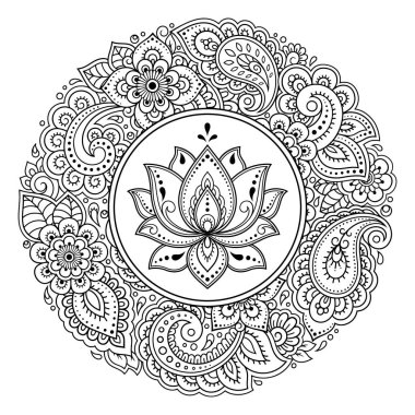 Henna, Mehndi, dövme ve süsleme için nilüfer çiçeği içeren dairesel desen. Etnik doğu tarzında dekoratif süs. Çizim el çizimi vektör illüstrasyonuName.
