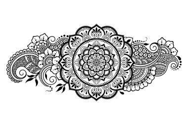 Kına, Mehndi, dövme ve dekorasyon için çiçekli dairesel desen. Etnik doğu tarzında dekoratif süs. Çizim el çizimi vektör illüstrasyonuName.