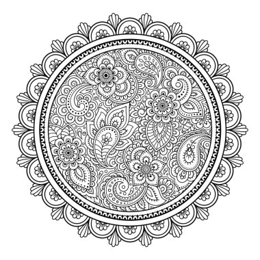 Kına, Mehndi, dövme ve dekorasyon için çiçekli dairesel desen. Etnik doğu tarzında dekoratif süs. Çizim el çizimi vektör illüstrasyonuName.