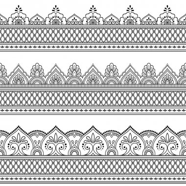 Mehndi, Kına çizimve dövme için dikişsiz sınır desen. Etnik oryantal, Hint tarzı dekorasyon. Doodle süsü. Anahat el çizimvektör illüstrasyon.