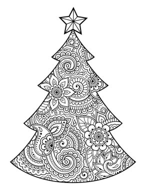 Yüksek detaylı çiçek deseni bir Noel ağacı şeklinde mehndi tarzında yapılır. Etnik Oryantal çiçek dekorasyon, Hint tarzı. Boyama kitabı sayfası.