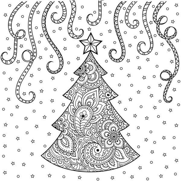 Christmas holiday decoration - tree in mehndi style, star, snow and streamers. Festive atmosphere doodle pattern for New Year postcards. Coloring book page.