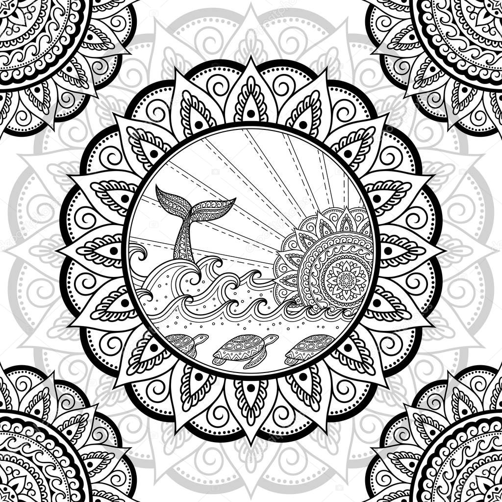 Seamless decorative ornament in ethnic oriental style. Circular pattern in form of mandala with seascape and whale tail for Henna, Mehndi, decoration. Doodle outline hand draw vector illustration.