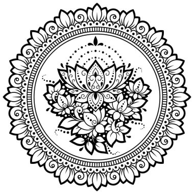 Henna, Mehndi, dövme ve süsleme için nilüfer çiçeği içeren dairesel desen. Etnik doğu tarzında dekoratif süs. Çizim el çizimi vektör illüstrasyonuName.