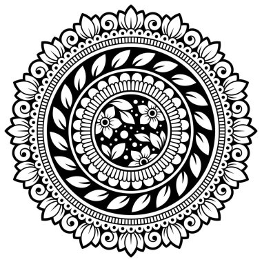 Kına, Mehndi, dövme ve dekorasyon için çiçekli dairesel desen. Etnik doğu tarzında dekoratif süs. Çizim el çizimi vektör illüstrasyonuName.