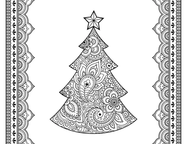 Seamless Pattern Christmas Tree Borders Mehendi Style Highly Detailed Floral — Stock Vector