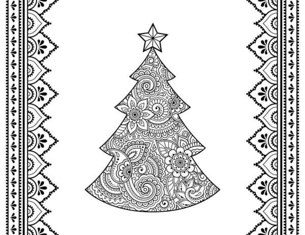 Seamless Pattern Christmas Tree Borders Mehendi Style Highly Detailed Floral — Stock Vector