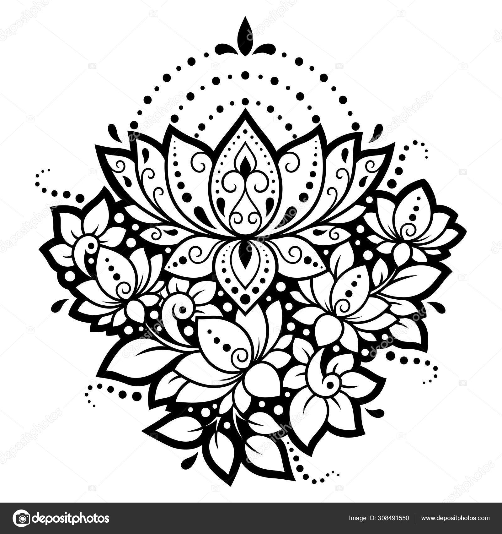 Vector drawing with outline Lotus flower decorative lace and swirls in  black isolated on white background Floral abstract composition with ornate  lotus in contour style for tattoo design Stock Vector  Adobe