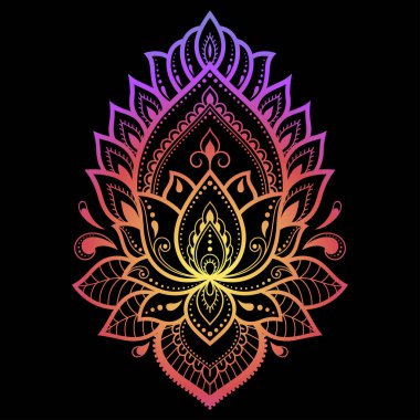 Mehndi ve Henna çizimleri için renkli çiçek desenleri. El çizimi nilüfer sembolü. Etnik doğuya özgü dekorasyon, Hint tarzı. Siyah arkaplanda gökkuşağı tasarımı.
