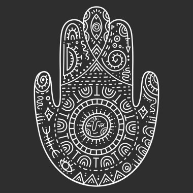 Hamsa el çizimi. Kötülükten korunmanın eski Doğu sembolü. İç dekorasyon ve tatto için oryantal tarzda Dekoratif desen. 