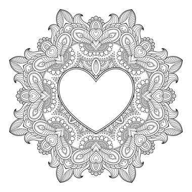 Mandala şeklinde dairesel desen, kalp şeklinde çerçeve. Etnik doğulu mehndi tarzında dekoratif süs. Taslak çizim el çizimi vektör çizimi. Stres karşıtı boyama kitabı sayfası.
