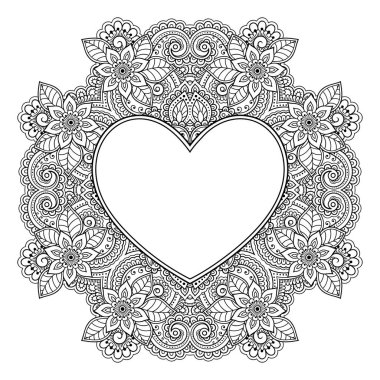 Mandala şeklinde dairesel desen, kalp şeklinde çerçeve. Etnik doğulu mehndi tarzında dekoratif süs. Taslak çizim el çizimi vektör çizimi. Stres karşıtı boyama kitabı sayfası.