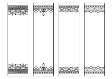 Kitap boyama için basılabilir yer imi. Çiçek desenli siyah beyaz etiketler, el çizimi mehndi tarzı. Çocukların ve yetişkinlerin renkli kalemlerle yaratıcılığını gösteren süslemelerin çizimi.