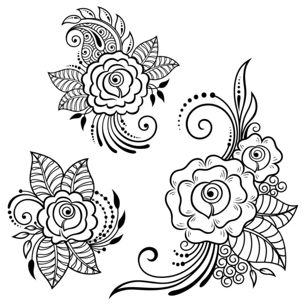 Conjunto Patrón Flores Mehndi Para Dibujo Tatuaje Henna Decoración Estilo — Vector de stock